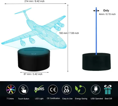 Vista 5 de Lámpara de ilusión de avión 3D con luz nocturna de avión con 7 colores cambiantes, control táctil con cable USB, LED, juguete de combate, lámparas