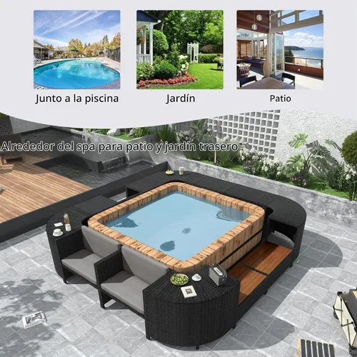 Vista 4 de P PURLOVE Spa Surround, juego de sofá cuadrilátero de ratán para patio Gris