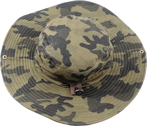 Vista 3 de Sombrero de camuflaje militar de ala ancha para pesca de verano, caza, camping, senderismo, sombrero de sol al aire libre, sombrero Boonie Verde