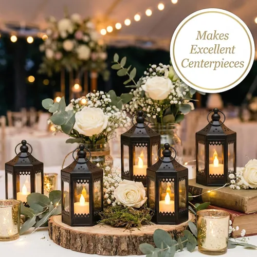 Vista 7 de Vela Lanterns - Portavelas de té, mini centros de mesa, color negro Halloween & Wedding Decor, Decorative Indoor Moroccan Metal Glass Hanging
