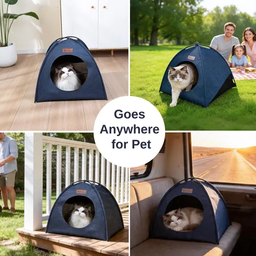 Vista 8 de Tienda de campaña piramidal desplegable para gatos y gatos pequeños de hasta 6.6 libras, resistente al agua, transpirable, plegable, con cojín