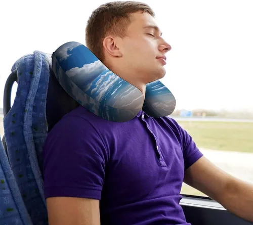 Vista 7 de Blue and White Cloud Neck Pillow Memory Foam U Shaped Pillows Portable Pillows for Shoulder Travel Head Support Pillow with Concealed Zipper for