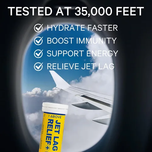 Vista 2 de 1Above Jet Lag Relief Tablets - Multivitamínico efervescente con sabor cítrico con Pycnogenol Suplemento de viaje para hidratación, energía, apoyo