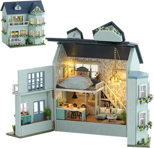 Vista 16 de Kit de Muebles de Casa de Muñecas de Madera en Miniatura DIY, Mini Casa de Muñecas Hecha a Mano con LED, Escala 1:24, Juguetes de Artesanías