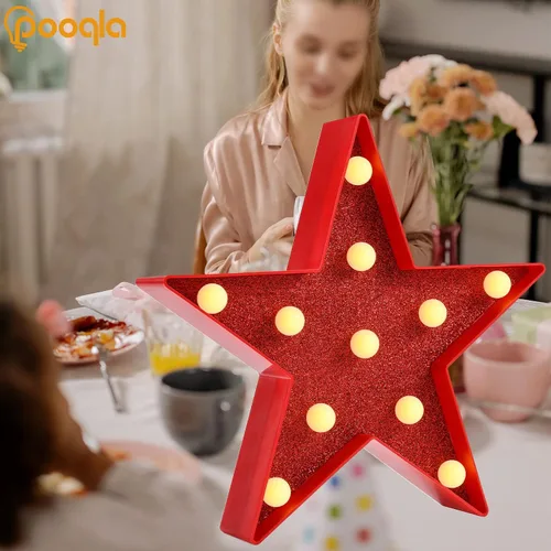 Vista 4 de Pooqla Luces de marquesina de estrellas, marquesina LED con purpurina, estrella de luz roja, luz nocturna alimentada por pilas para fiesta