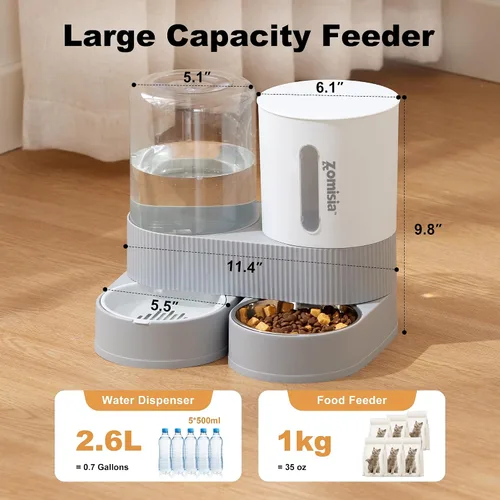 Vista 2 de ZOMISIA - Comedero y dispensador de agua para gatos con gravedad - Alimentador y dispensador de agua para gatos 2 en 1 con cuenco de acero