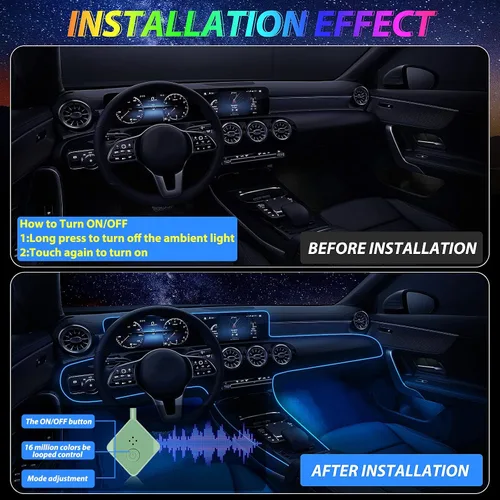 Vista 7 de Tira de luces LED para coche, luces interiores del coche, kit de iluminación LED ambiental con RGB de 16 millones de colores de fibra óptica y ritmo