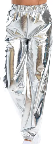 Vista 4 de BZGTZT Pantalones deportivos elásticos de cintura alta metálicos brillantes para mujer, aspecto mojado, hip hop, club, pantalones holográficos