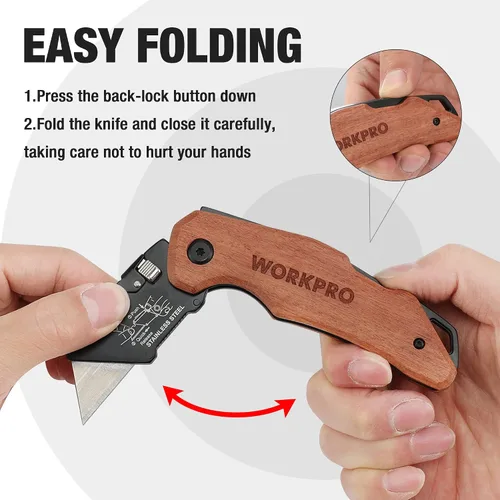 Vista 3 de WORKPRO Cuchillo utilitario plegable con cabeza de acero inoxidable, hoja de cambio rápido y bloqueo trasero, mango de madera resistente, 1 cuchillo