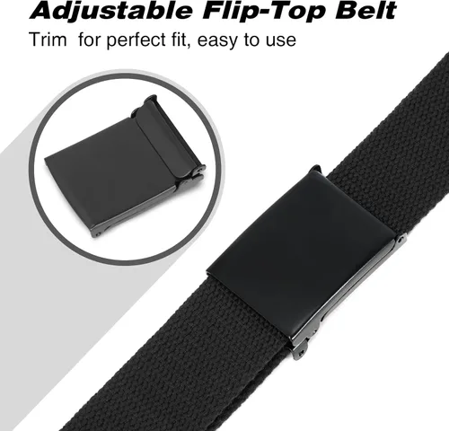 Vista 3 de WHIPPY Cinturón de tela con hebilla militar de color negro sólido, tapa abatible, totalmente ajustable, para hombre, con corte a medida