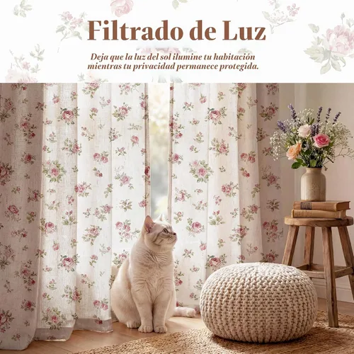 Vista 4 de StangH Cortinas de lino floral con patrón de rosas, cortinas de estilo vintage de granja con pestaña trasera para dormitorio y sala de estar, rosa