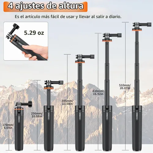 Vista 2 de VRIG TP-08 Mini trípode extensible para GoPro Mission 1 Pro, 20.1 pulgadas portátil selfie stick trípode para GoPro Hero 13 12 11 10 9 8 7 6 5 4 3