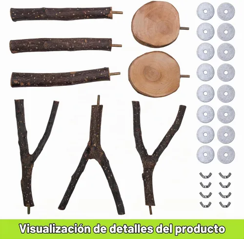 Vista 3 de Juego de 8 perchas para pájaros de madera de manzana natural, accesorios para jaula de pájaros, soporte de madera para loros, ramas de madera dura