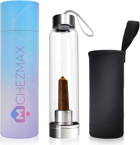 Vista 19 de ChezMax Botella de agua en cristal con centro de cristal natural intercambiable 18.6Oz, Natural Quartz Gemstone, Juice Container with Lid Sleeve