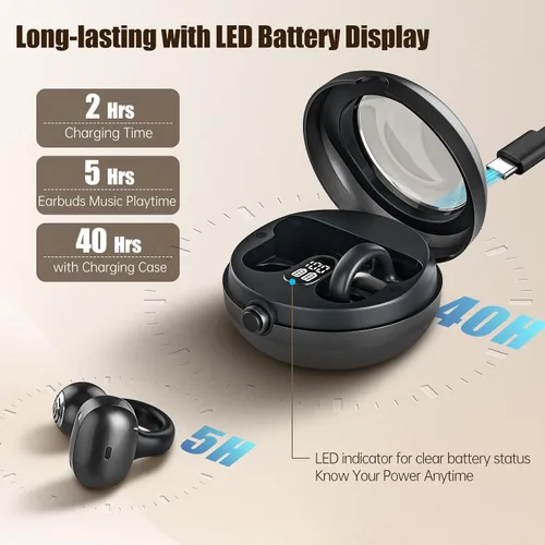 Vista 4 de Auriculares de oreja abierta, auriculares Bluetooth 5.4 con clip, auriculares estéreo inalámbricos de 40 horas de reproducción con pantalla digital