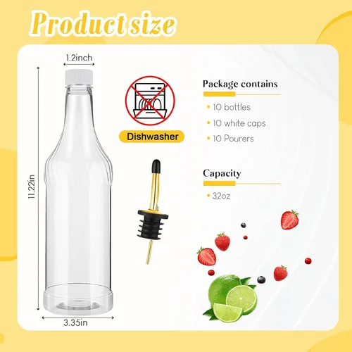 Vista 2 de Dandat 20 botellas de plástico de cuello largo de 32 onzas con vertedor y tapas, botellas de plástico para verter jugos con vertedor de acero Dorado