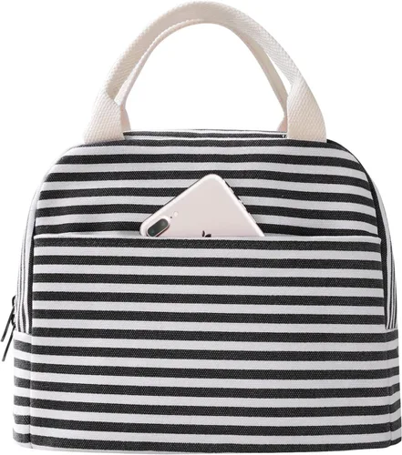 Vista 13 de EurCross Bolsa de almuerzo negra compacta mejorada para niñas y mujeres, de lona, reutilizable, aislada, con lunares, bolsa de almuerzo