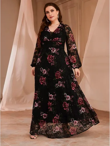 Vista 3 de Vestido de talla grande para mujer, con cuello en V, bordado de rosa, elegante, formal, maxi vestidos