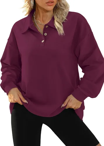 Vista 2 de WIHOLL Sudaderas de gran tamaño para mujer, de manga larga, con botones, cuello redondo, ropa de otoño