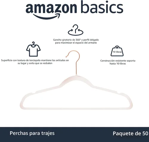 Vista 2 de Amazon Basics Perchas de terciopelo delgadas antideslizantes para trajes, paquete de 50, rosa rubor/oro rosa