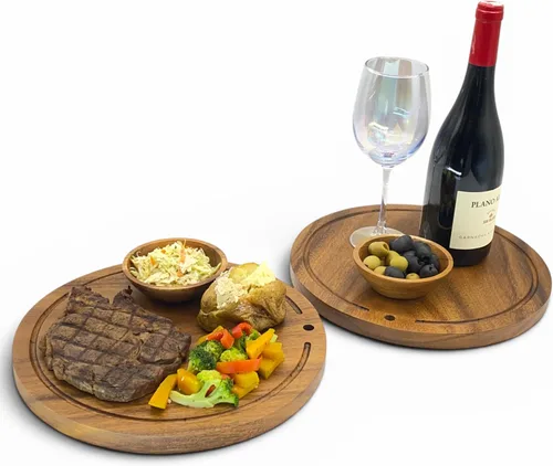 Vista 13 de Juego de 4 platos de madera de acacia, redondos de 6 pulgadas, postre de madera maciza de 1 pulgada de grosor, platos laterales y aperitivos