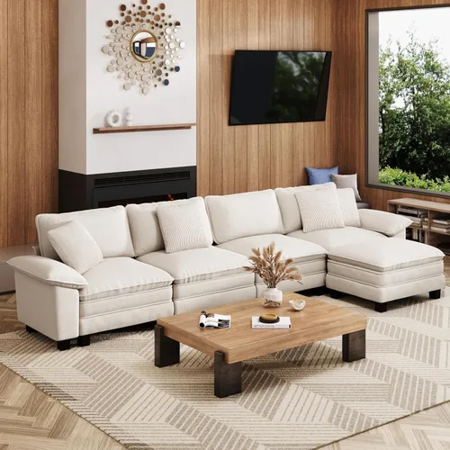 Vista 40 de Sofá seccional en forma de U de 123 pulgadas con cojines tipo nube, juego de sofá modular de asiento profundo con 5 asientos y 2 otomanos, brazos