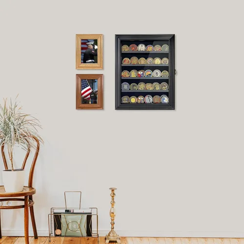 Vista 7 de Vitrina de Monedas de Desafío Militar con Vidrio Templado HD - Vitrina para Medallas de 5 Filas Gabinete Estante Caja de Sombra con Estantes