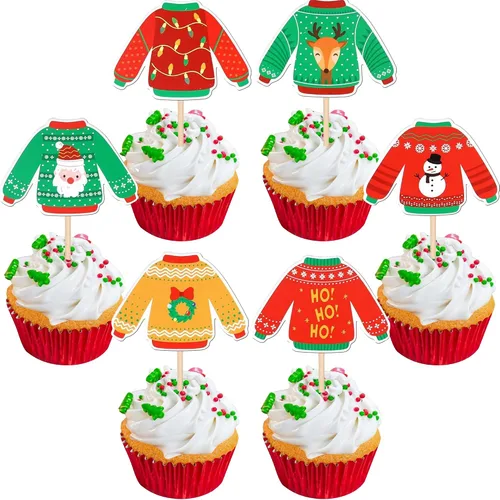 Vista 8 de Paquete de 24 Adornos Navideños Oh Baby para Cupcakes con Sombrero de Navidad con Purpurina, Palillos de Comida para Baby Shower para Niños y Niñas