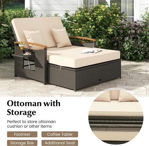 Vista 6 de LDAILY Moccha - Sofá de mimbre para exteriores, sofá biplaza de ratán para patio con respaldo ajustable de 4 niveles, paneles plegables, otomana