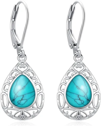 Vista 227 de Aretes colgantes de plata de ley con diseño de árbol de la vida, flor, abeja, animales, gato, colibrí, piedra lunar, turquesa, aretes con cierre