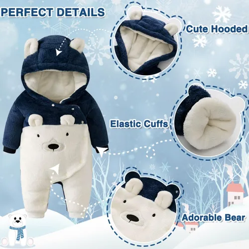 Vista 3 de Fairy Baby Traje de nieve para bebé recién nacido, oso enterizo, abrigo cálido de invierno para niñas y niños de 0 a 18 meses