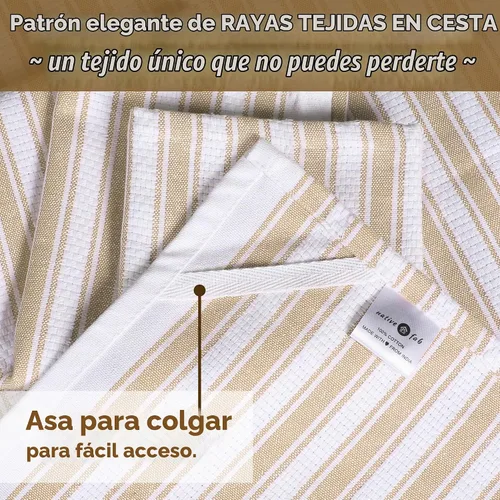Vista 4 de Native Fab Toallas de Cocina de Algodón 100% Beige - 16x26 pulgadas - Juego de 12 - Toallas de Platos con Tejido de Canasta a Rayas para Limpiar
