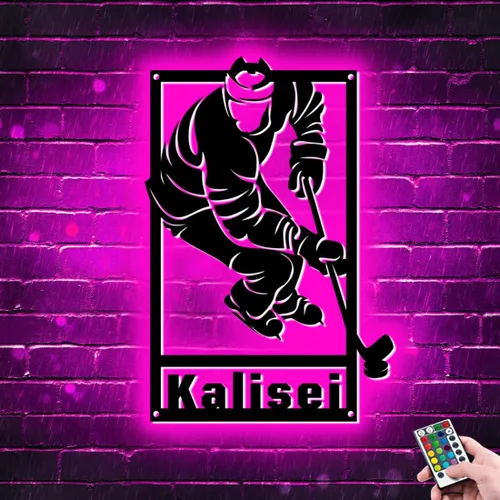 Vista 10 de Letrero de metal personalizado para jugador de hockey con luz LED, nombre personalizado y número, arte de pared de hockey, letrero de neón
