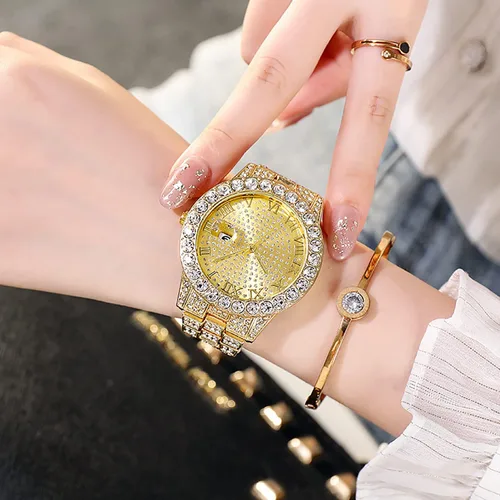Vista 3 de ADSBIAOYE Reloj unisex de lujo con diamantes de moda, esfera grande, números romanos con calendario