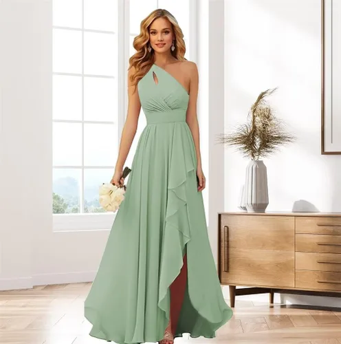 Vista 4 de Vestidos de dama de honor de gasa de un hombro con abertura para boda con volantes vestido formal