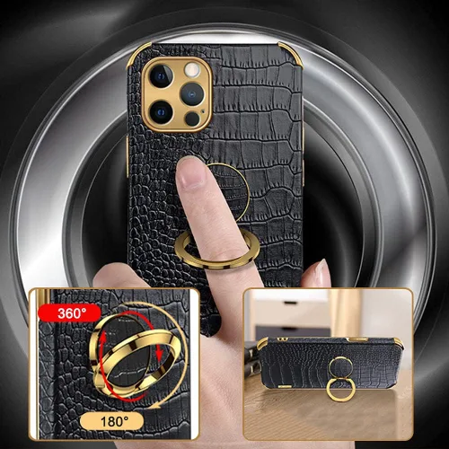 Vista 4 de Guppy Compatible con iPhone 15 Pro Max - Funda protectora de piel de cocodrilo de lujo, borde dorado, rotación de 360 grados para mujer, funda