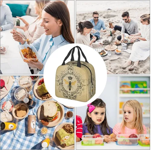 Vista 9 de Bolsa de almuerzo de abeja vintage con aislamiento resistente al agua, lonchera reutilizable para viajes de picnic