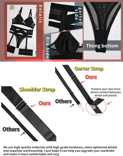 Vista 3 de Aranmei Conjunto de lencería sexy con tiras para mujer, conjuntos de lencería push up con liga de 4 piezas