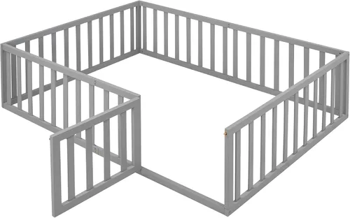Vista 4 de Cama de suelo para niños, marco de cama Montessori de tamaño matrimonial con barandillas de valla para niños, camas de madera para niños y niñas
