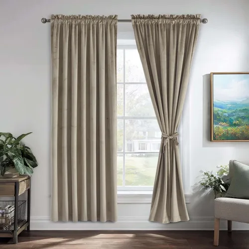 Vista 124 de JIUZHEN Cortinas de terciopelo beige de 63 pulgadas de ancho x 63 pulgadas de largo, cortinas de terciopelo retro suaves con bolsillo para barra