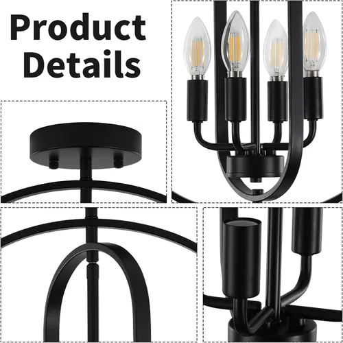 Vista 3 de Lámpara de techo negra de montaje empotrado, 4 luces, luces de techo semiempotradas, accesorios de iluminación de cocina, lámpara industrial moderna