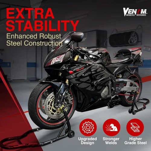 Vista 2 de Venom soporte de paleta frontal y trasera en combo para motocicleta deportiva, soporte para elevación de rueda, soporte de potrero en combo
