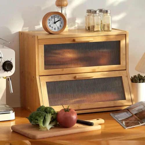 Vista 7 de GHWIE Panera de bambú de doble capa para encimera de cocina, contenedor de almacenamiento de pan de gran capacidad, recipiente para pan con panel