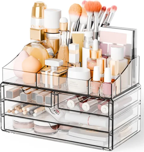 Vista 8 de Yieach Organizadores de maquillaje acrílico para mostrador, escritorio y tocador, paquete de 2 organizadores apilables para encimera de baño