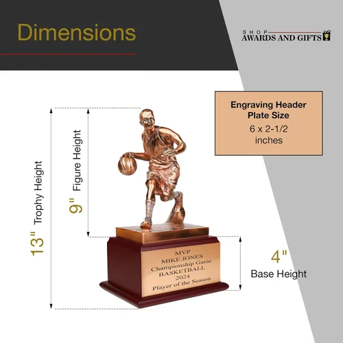 Vista 5 de SHOP AWARDS AND GIFTS Figura masculina de baloncesto de 13 pulgadas, trofeo de campeonato de bronce antiguo galvanizado, incluye personalización