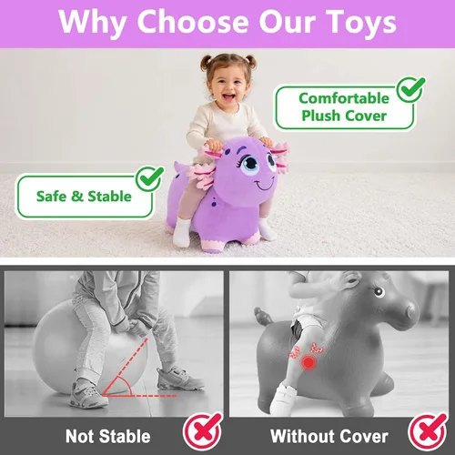 Vista 4 de Bouncy Pals Caballo saltador de ajolote morado, tolva inflable de animales para niñas pequeñas, juguete de salto al aire libre para niños, juguete