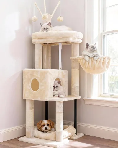 Vista 14 de Heybly - Árbol de gato con cepillo autolimpiante, torre de gato para interior con plataforma acolchada de felpa, casa de gato con cesta, poste