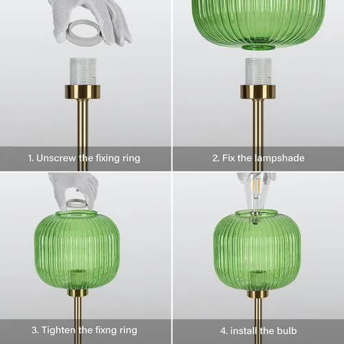 Vista 6 de Lámpara de mesa de cristal verde con 3 vías regulable y control táctil, lámpara de mesita de noche vintage moderna de mediados de siglo