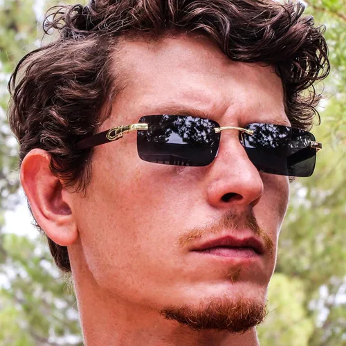 Vista 3 de Elite Slim Rimless Rectangular Metal & Wood Art Aviator Sunglasses