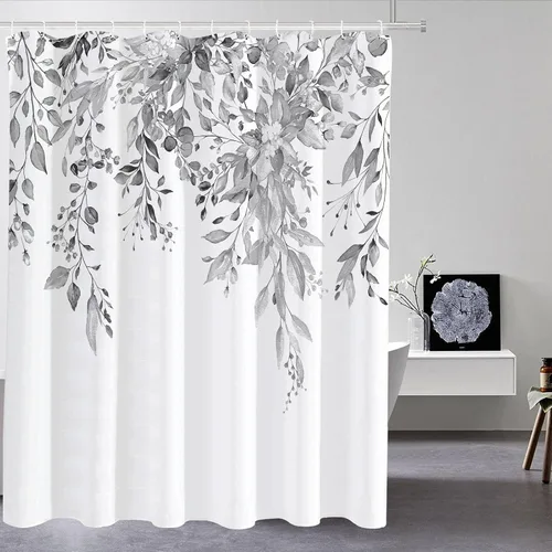 Vista 12 de Tititex - Juego de cortinas de ducha de eucalipto negro, hojas de acuarela gris en la parte superior, con decoración floral de baño, 60 x 72